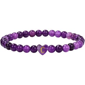 Amethyst Bracelet for Women, 6mm Bead Natural Healing Crystal Bracelet, Heart Initial Bead Bracelet for Women Anxiety Stress Relief Bracelet, Purple Bracelet Handmade Jewelry Birthday Gifts