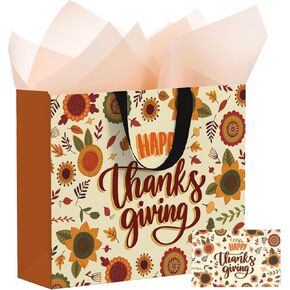 JEWOU Thanksgiving Gift Bags with Tissue Paper and Greeting Card, Autumn Goodie Shopping Bags for Thanksgiving Party Favor Bags，13'x10.2'x4.9', Medium (1-Piece Set, Orange Sunflower)