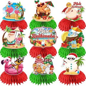 9 Pcs Hawaiian Christmas Decorations Honeycomb Centerpieces, Hawaiian Christmas Party Table Decorations, Tropical Christmas Decorations Centerpieces, Mele Kalikimaka Christmas Decorations for Table