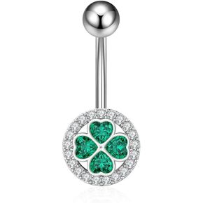 14G Four Leaf Clover Belly Button Rings for Women Stainless Steel Green CZ Halo Belly Navel Piercing Barbell Studs ST Patricks Day Irish Body Piercing Jewelry