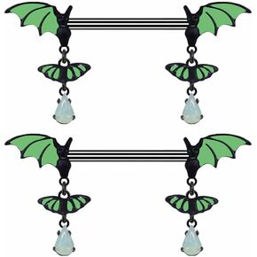 14G Glow-in-the-Dark Bat Nipple Rings for Women 316L Stainless Steel Dangle Nipplerings Nipple Barbell Halloween Nipple Piercing Jewelry