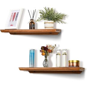 AZSKY 15 Inch Floating Shelves Solid Wood Wall Storage Shelves Photos&Pictures Shelves for Bedroom, Living Room, Bathroom, Kitchen, Office (Light Walnut,Set 2)