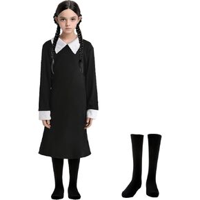 Halloween Costume Girls Black Dress with High Socks Long Sleeve White Collar Dress for Kids Party Cosplay, 4-12 Years