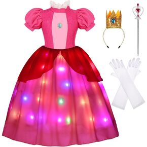Girls Princess Dress Peach Costume Super Bros Kids LED Light Up Princess Dress for Deluxe Halloween Party Dress Up