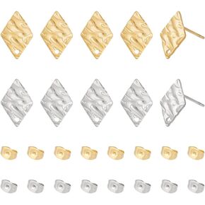 UNICRAFTALE 16Pcs 2 Colors Stainless Steel Stud Earring 12mm Rhombus Earring Studs for Jewelry Making Textured Earring Posts with Hole with Earring Back for Earrings Making
