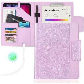 NatureTouch Padfolio Portfolio PU Leather Binder, Glitter Letter/A4 Size Notebook Clipboard Organizer with Pockets Resume Folder for Business School Office Women & Men,Purple