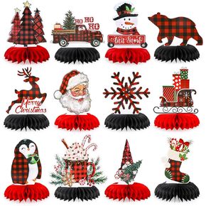 Whaline 12Pcs Merry Christmas Honeycomb Centerpieces Red Black Buffalo Plaid Honeycomb Decor Assorted 3D Xmas Table Decoration for Party Favor Supplies