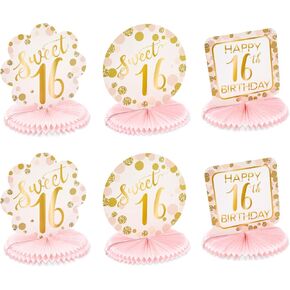 Sweet 16 Birthday Decorations, Pink and Gold Paper Honeycomb Centerpieces (6 Pack)