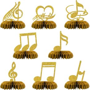 Maicaiffe Music Notes زخارف مركزية على شكل قرص العسل - 8 قطع لامعة من أغطية طاولات الحفلات الموسيقية - أعياد ميلاد الأطفال - الخطوبة - الزفاف - لوازم تزيين الحفلات الموسيقية