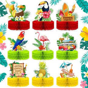 9 Pieces Hawaiian Centerpieces Luau Honeycomb Centerpieces for Tables Hawaii Luau Party Decorations Tropical Pineapple Centerpieces for Party Supplies Cakes Toppers Signs for 3d, 6.9 x 8.5 Inches