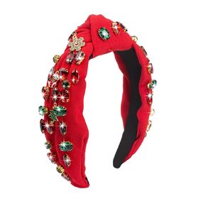 Christmas Red Wide Top Knotted Headband with Snowfalke, Jeweled Rhinestone Hairband, Beaded Costume Party Headwear