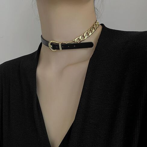 Black Choker Leather Choker Belt Buckle Necklace Leather Collar for Women Metal Chain Splice Collar Gothic Choker Fashion Versatile Jewelry Gift in Saudi Arabia