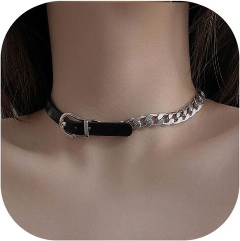 Black Choker Leather Choker Belt Buckle Necklace Leather Collar for Women Metal Chain Splice Collar Gothic Choker Fashion Versatile Jewelry Gift in Saudi Arabia