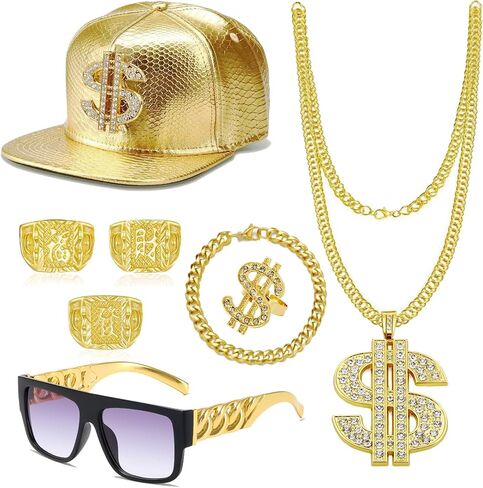 80/90s Hip Hop Costume Outfit Set For Men Women Gold Dollar Sign Baseball Hat Chain Ring Kanji Ring Old School Rapper Sunglasses Gold Chain Money Chain Faux Gold Rope Chain Bracelet Rapper Accessories Halloween Party Decorations in Saudi Arabia