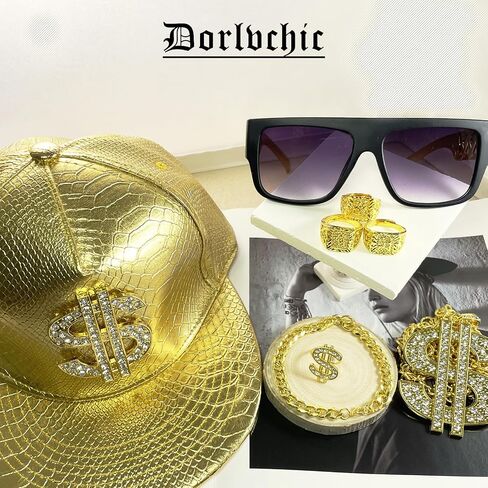80/90s Hip Hop Costume Outfit Set For Men Women Gold Dollar Sign Baseball Hat Chain Ring Kanji Ring Old School Rapper Sunglasses Gold Chain Money Chain Faux Gold Rope Chain Bracelet Rapper Accessories Halloween Party Decorations in Saudi Arabia
