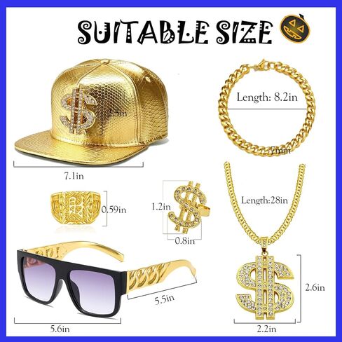 80/90s Hip Hop Costume Outfit Set For Men Women Gold Dollar Sign Baseball Hat Chain Ring Kanji Ring Old School Rapper Sunglasses Gold Chain Money Chain Faux Gold Rope Chain Bracelet Rapper Accessories Halloween Party Decorations in Saudi Arabia