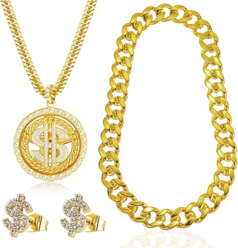 80/90s Hip Hop Costume Outfit Set For Men Women Gold Dollar Sign Baseball Hat Chain Ring Kanji Ring Old School Rapper Sunglasses Gold Chain Money Chain Faux Gold Rope Chain Bracelet Rapper Accessories Halloween Party Decorations in Saudi Arabia