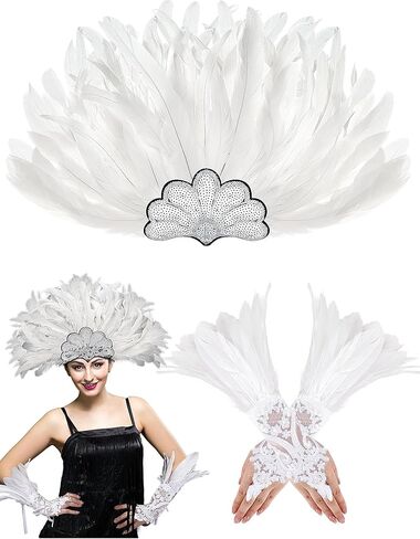 قطعتين من عصابة رأس الهالوين من الريش بجعة الطاووس وقفازات طويلة من الدانتيل من أجل حفلة تنكرية للكرنفال in Kuwait