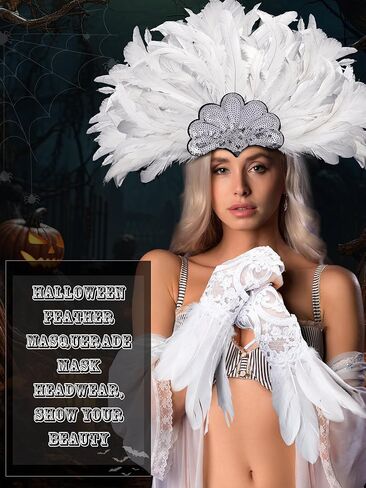 قطعتين من عصابة رأس الهالوين من الريش بجعة الطاووس وقفازات طويلة من الدانتيل من أجل حفلة تنكرية للكرنفال in Kuwait
