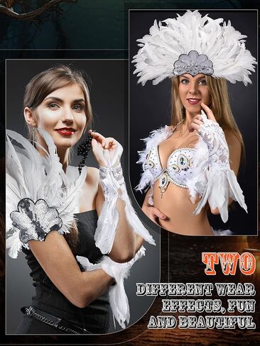 قطعتين من عصابة رأس الهالوين من الريش بجعة الطاووس وقفازات طويلة من الدانتيل من أجل حفلة تنكرية للكرنفال in Kuwait