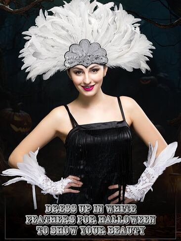 قطعتين من عصابة رأس الهالوين من الريش بجعة الطاووس وقفازات طويلة من الدانتيل من أجل حفلة تنكرية للكرنفال in Kuwait