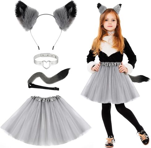 Cindeer 4 Pcs Furry Costume Set, Cat Ears and Tail Animal Cosplay Costume, Halloween Party Accessories in Saudi Arabia