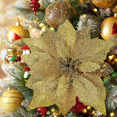 14 Set 8.7" Wide 4 Layers Christmas Blue Glitter Poinsettia Flowers Picks Christmas Tree Ornaments for Blue Christmas Tree Wreaths Garland Holiday Seasonal Festive Navidad Decoration Gift Box Included in Kuwait