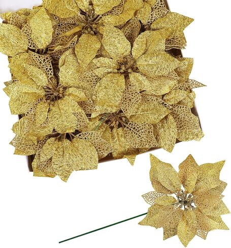 14 Set 8.7" Wide 4 Layers Christmas Blue Glitter Poinsettia Flowers Picks Christmas Tree Ornaments for Blue Christmas Tree Wreaths Garland Holiday Seasonal Festive Navidad Decoration Gift Box Included in Kuwait