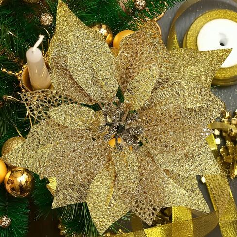 14 Set 8.7" Wide 4 Layers Christmas Blue Glitter Poinsettia Flowers Picks Christmas Tree Ornaments for Blue Christmas Tree Wreaths Garland Holiday Seasonal Festive Navidad Decoration Gift Box Included in Kuwait
