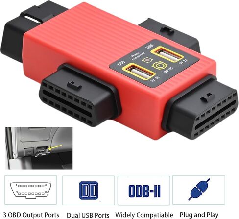 iKKEGOL Pocket Obd2 obdii كامل 16 دبوس 1 ذكر إلى 3 أنثى محول محول كابل obd مع 2 منفذ USB لشحن موسع التشخيص (أحمر) in Kuwait