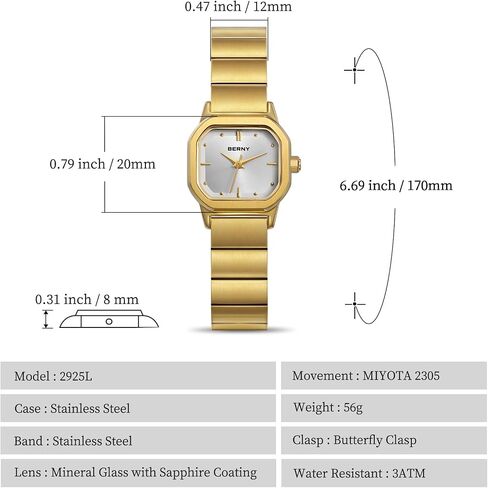 BERNY Gold Watches for Women Dainty Ladies Square Quartz Watch Japanese Quartz Movement 3ATM Waterproof Fashion Small Female Wrist Watch Luxury Birthday Gifts for Lady in Kuwait