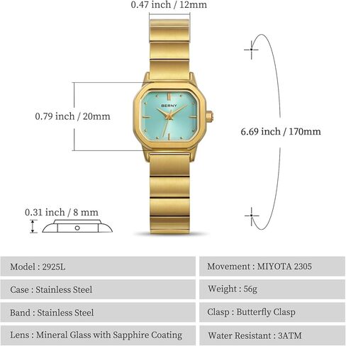 BERNY Gold Watches for Women Dainty Ladies Square Quartz Watch Japanese Quartz Movement 3ATM Waterproof Fashion Small Female Wrist Watch Luxury Birthday Gifts for Lady in Kuwait