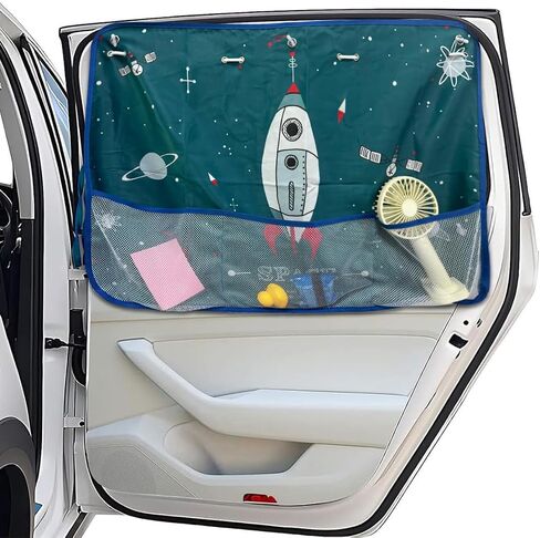 Car Window Shade for Baby, 19.5"×26.8" Cartoon Pattern Auto Window Curtain Blocks Sun & Heat, Vehicle Side Window Sun Shield with Pocket & Suction Cups, Car Accessories (Rocket) in Saudi Arabia