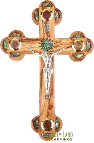 9 Inch Wooden Wall Crucifix Cross, Olive Wood Cross for Wall with Mother of Pearl Décor Made in the Holy Land - 4 Glasses filled with Holy Relics in Saudi Arabia