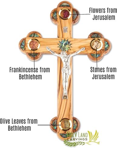 9 Inch Wooden Wall Crucifix Cross, Olive Wood Cross for Wall with Mother of Pearl Décor Made in the Holy Land - 4 Glasses filled with Holy Relics in Saudi Arabia