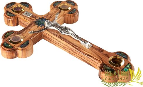 9 Inch Wooden Wall Crucifix Cross, Olive Wood Cross for Wall with Mother of Pearl Décor Made in the Holy Land - 4 Glasses filled with Holy Relics in Saudi Arabia