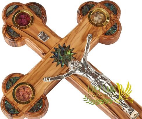 9 Inch Wooden Wall Crucifix Cross, Olive Wood Cross for Wall with Mother of Pearl Décor Made in the Holy Land - 4 Glasses filled with Holy Relics in Saudi Arabia