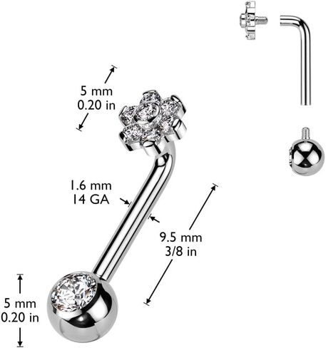 14GA ASTM F-136 Implant Grade Titanium Internally Threaded CZ Crystal Flower Top VCH Piercing L-Bend Barbell in Saudi Arabia