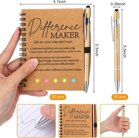 20 Sets Difference Maker Gifts Bulk Employee Appreciation Gifts Spiral Notebook Journal with Sticky Notepad Index Tabs Thank You Gifts with Stylus Ballpoint Pen Bulk for Coworker Teacher in Saudi Arabia