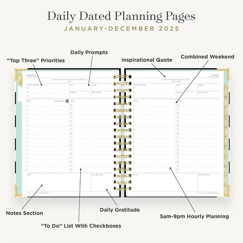 Day Designer 2025 Daily Planner – Premium Planner for Stylish Organization. Combines Monthly Calendar, Hourly Schedule, To-Do List, Gratitude, Goal Setting, Inspirational Quotes, Stickers & More. Elegant laminated Cover with Gold Accents (Black Stripe) in Saudi Arabia