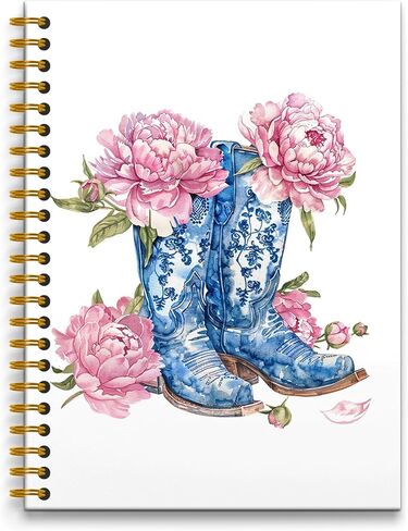 Blue White Cowboy Spiral Journal Notebooks,Chinoiserie Cowboy Boot Spiral Notebooks,Western Notebook,Cowboy Cowgirl Gifts for Men Cowboy Boot Journaling Notebooks 160 Pages in Kuwait
