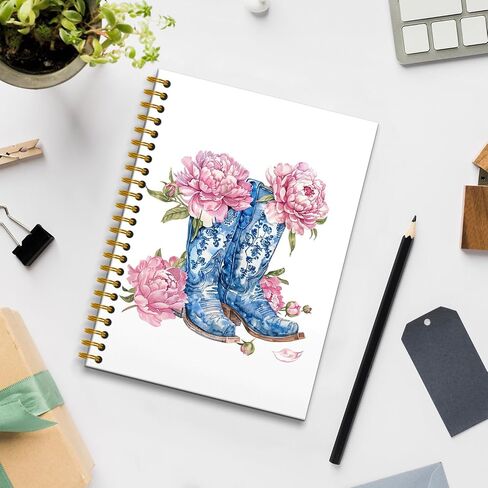Blue White Cowboy Spiral Journal Notebooks,Chinoiserie Cowboy Boot Spiral Notebooks,Western Notebook,Cowboy Cowgirl Gifts for Men Cowboy Boot Journaling Notebooks 160 Pages in Kuwait