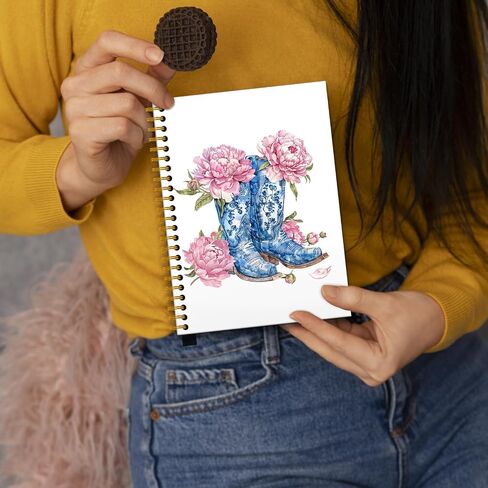 Blue White Cowboy Spiral Journal Notebooks,Chinoiserie Cowboy Boot Spiral Notebooks,Western Notebook,Cowboy Cowgirl Gifts for Men Cowboy Boot Journaling Notebooks 160 Pages in Kuwait