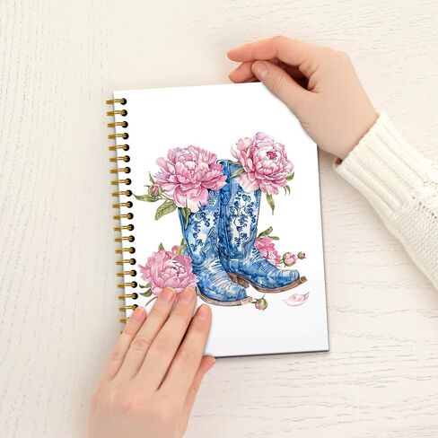 Blue White Cowboy Spiral Journal Notebooks,Chinoiserie Cowboy Boot Spiral Notebooks,Western Notebook,Cowboy Cowgirl Gifts for Men Cowboy Boot Journaling Notebooks 160 Pages in Kuwait