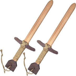 Wooden Toy Pretend Play Sword for Kids | 2 Pack | 16" Knights of the Round Table Style Beech Wood with Jute Wrapped Handle | Lightweight and Durable for Imaginative Kids | NOT a Weapon | Set of 2