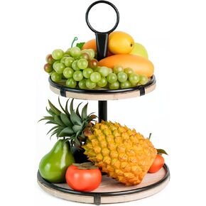 Wooden 2 Tiered Tray Round Farmhouse Kitchen Table Decor Serving Tier Tray Food Fruits Cupcake