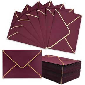 100 PCS A7 Burgundy Invitation Envelopes, 5 x 7 Inch, V-Flap, Quick Seal, Gold Border