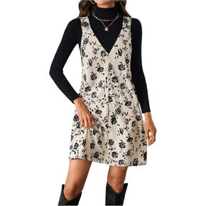 Milumia Women's Floral V Neck Corduroy Overall Dress Sleeveless Pinafore Short Dresses