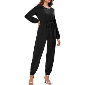 JASAMBAC Womens Jumpsuits Dressy Casual One Piece Crewneck Long Sleeve High Waist Stretchy Long Pants Rompers with Pockets