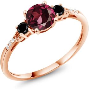 Gem Stone King 10K Rose Gold 6MM Red Rhodolite Garnet 2.5MM Black Diamond and White Diamond Accent 3-Stone Engagement Ring For Women | 1.17 Cttw | 3 Stone Wedding Anniversary Ring